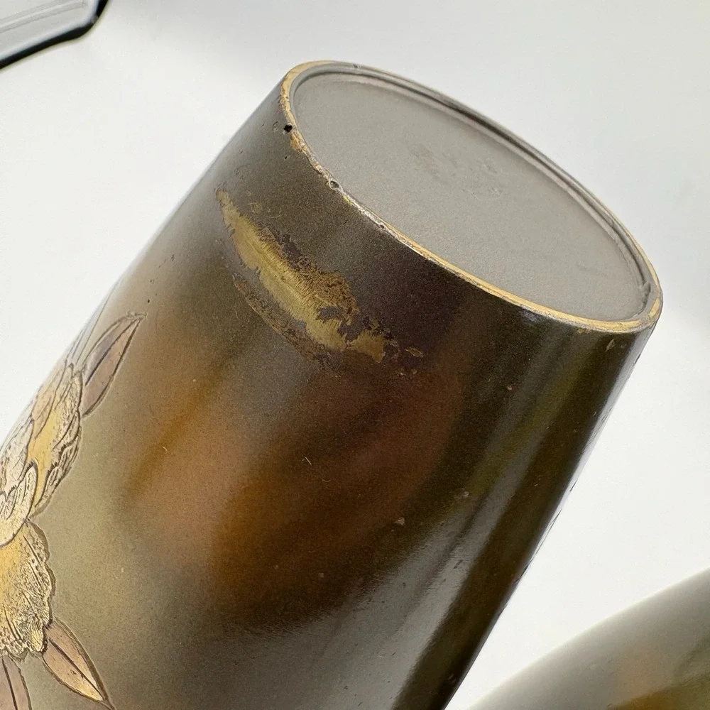 Pair Antique Japanese Brass Vases Signed‎ Ryubun 龍文 Gilt Floral Design 8